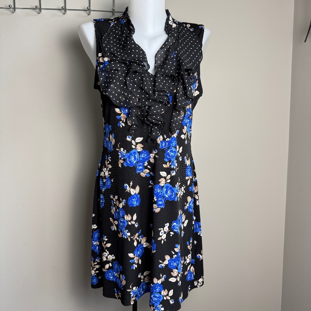 WHBM Sleeveless Black Floral Mini Dress Ruffle‎ Collar Size Medium Whimsigoth